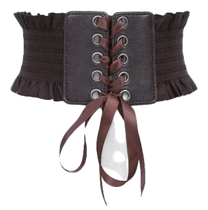 LuckeLadybug women's wide corset belt in brown with lace-up front and ruffled edges for stylish outfits