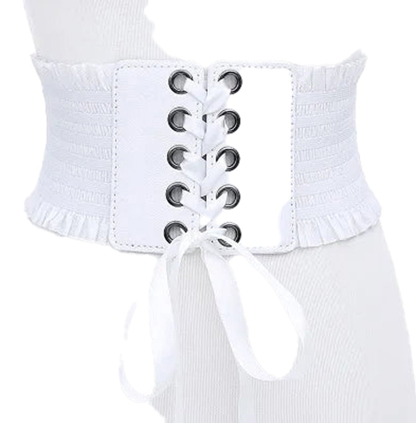 LuckeLadybug women's wide corset belt in white with lace-up design and ruffled edges