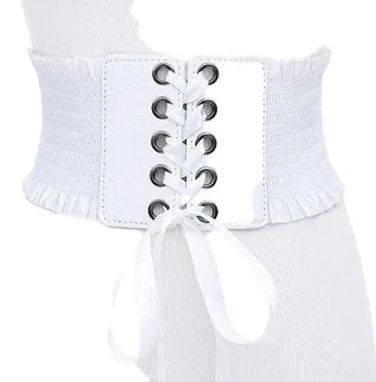 LuckeLadybug women's wide corset belt in white with lace-up design and ruffled edges