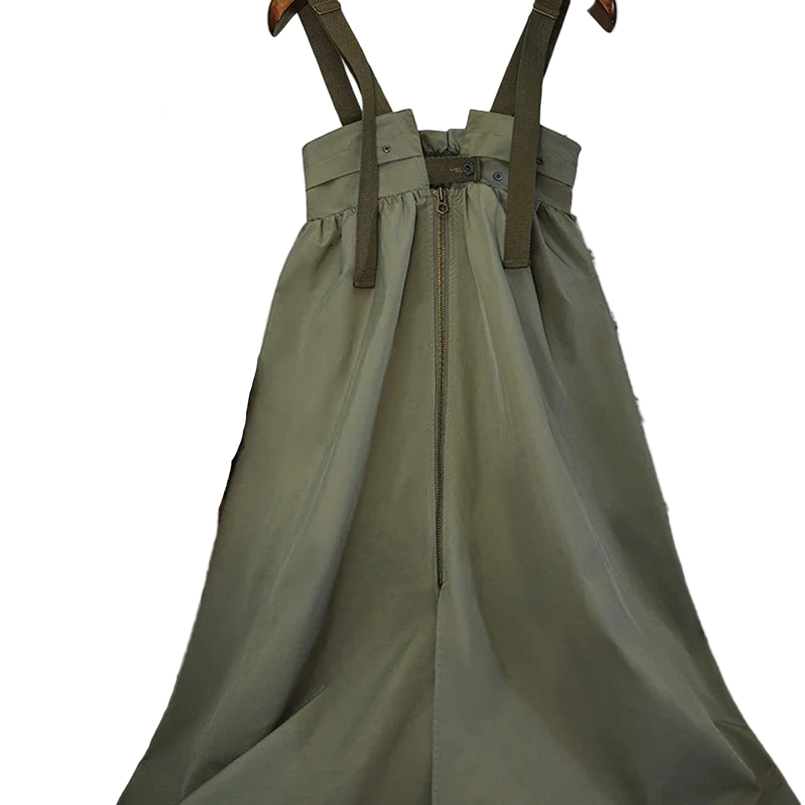 Women's workwear pinafore dress in olive green with adjustable straps and front zipper