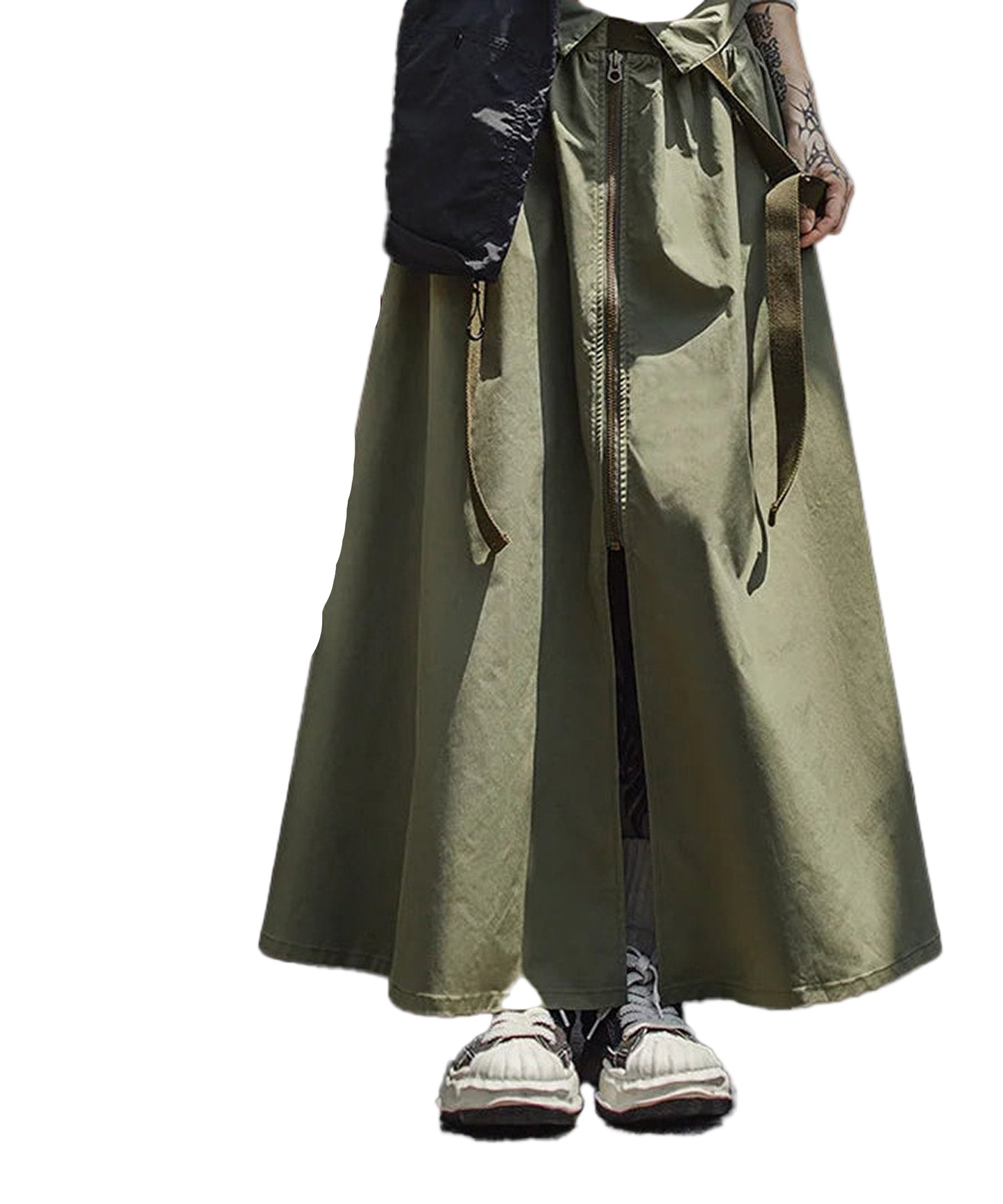 Women's workwear pinafore dress in olive green with stylish zip front and adjustable straps