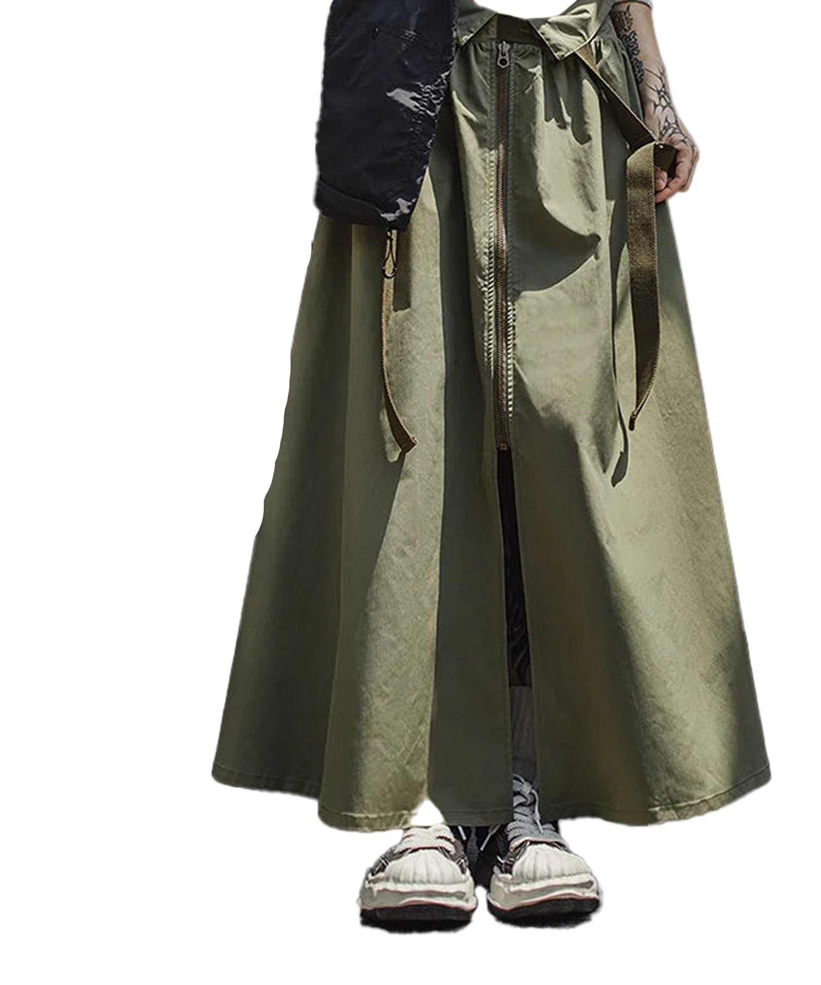 Women's workwear pinafore dress in olive green with stylish zip front and adjustable straps