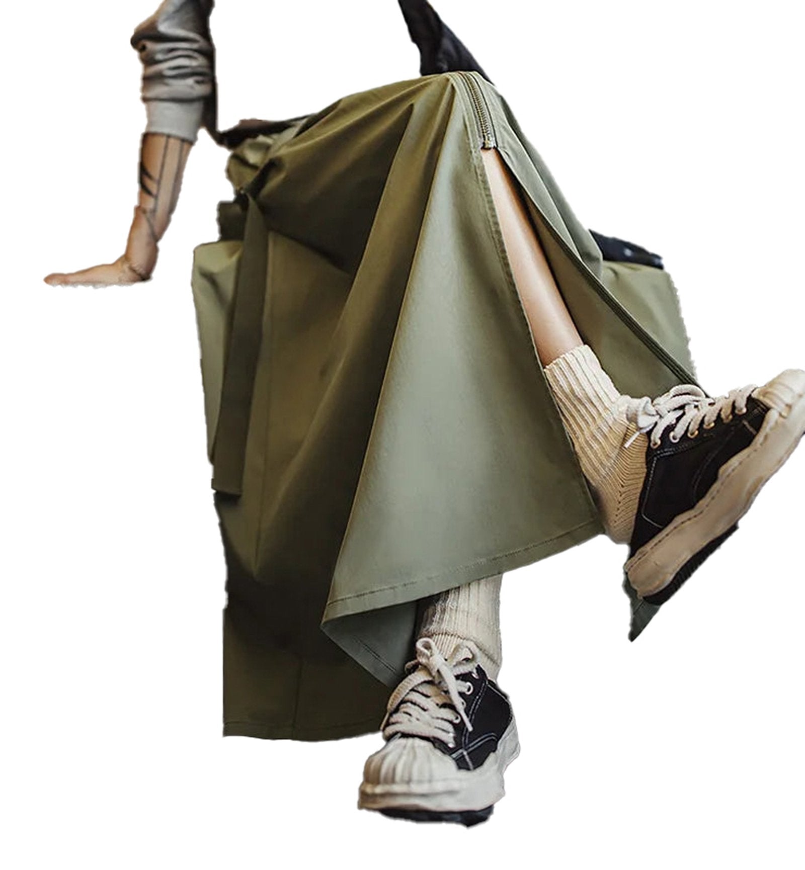 LuckeLadybug women's workwear pinafore dress in olive green with stylish side slits