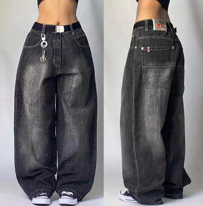 LuckeLadybug LLC women's y2k baggy jeans in black with a relaxed fit and a wide leg design