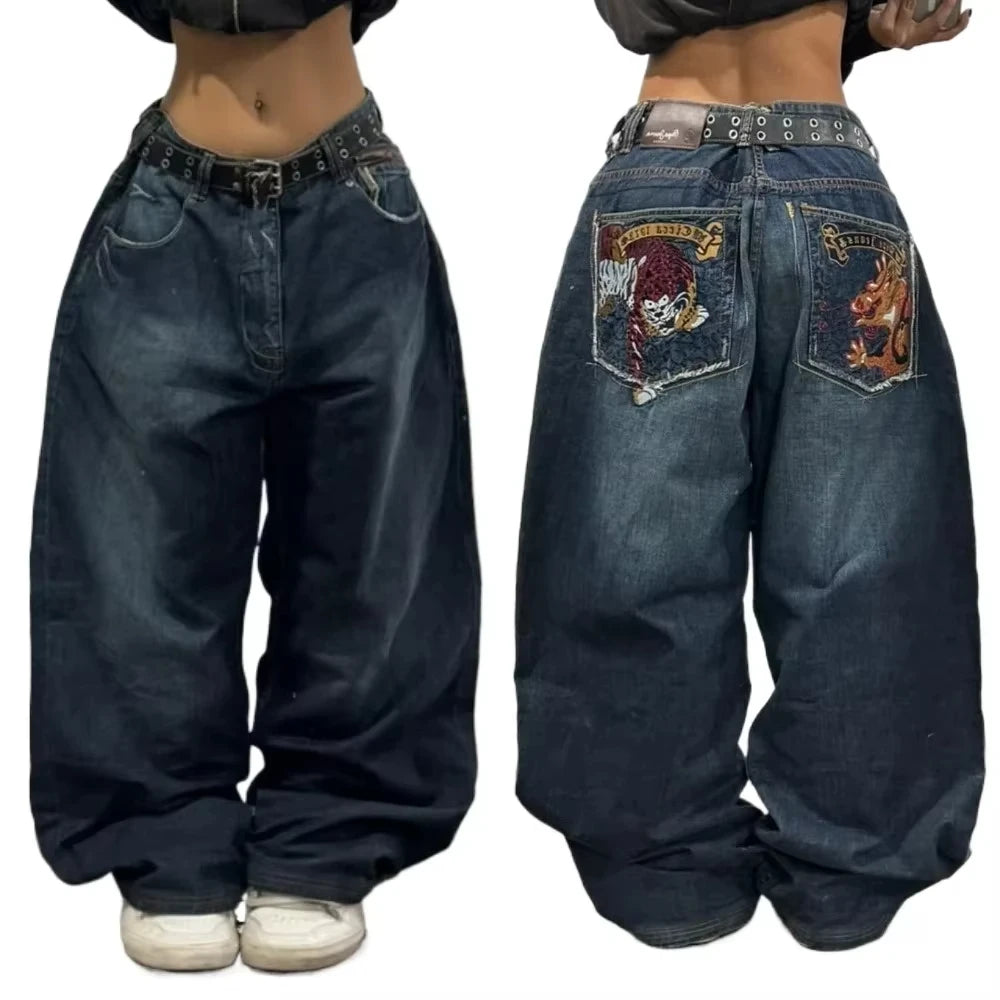 LuckeLadybug women's y2k baggy jeans with stylish embroidery and oversized fit