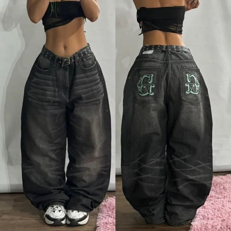 Trendy women's y2k baggy jeans designed with a relaxed fit and unique detailing