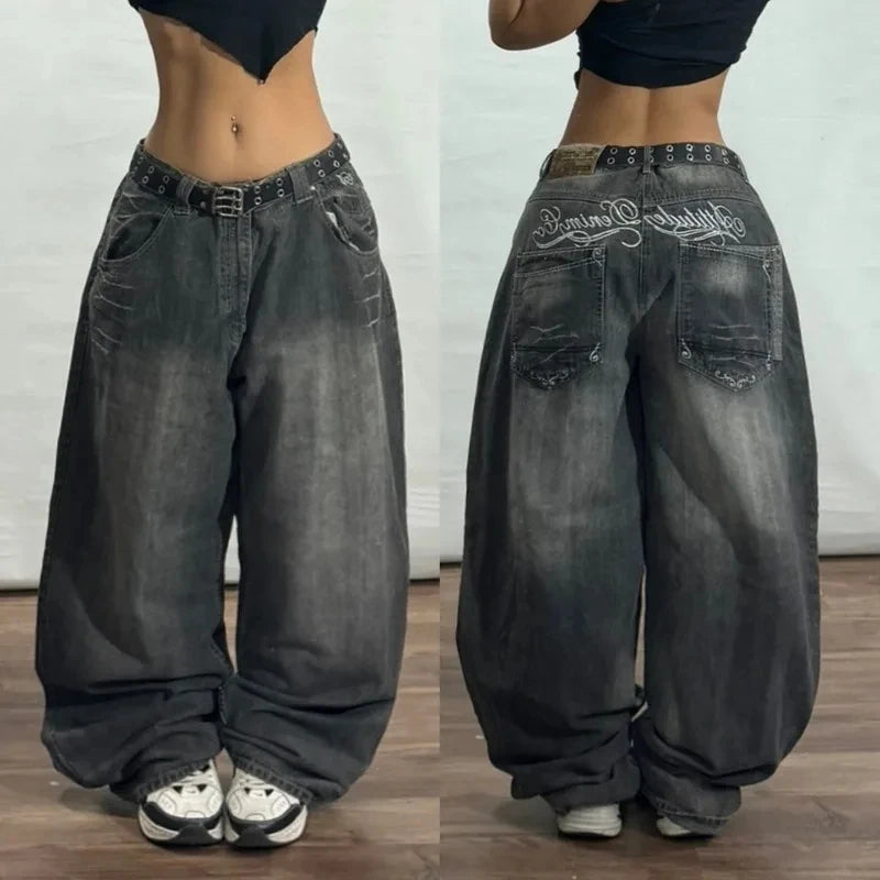 Women's y2k baggy jeans in faded black with wide leg design and stylish stitching details
