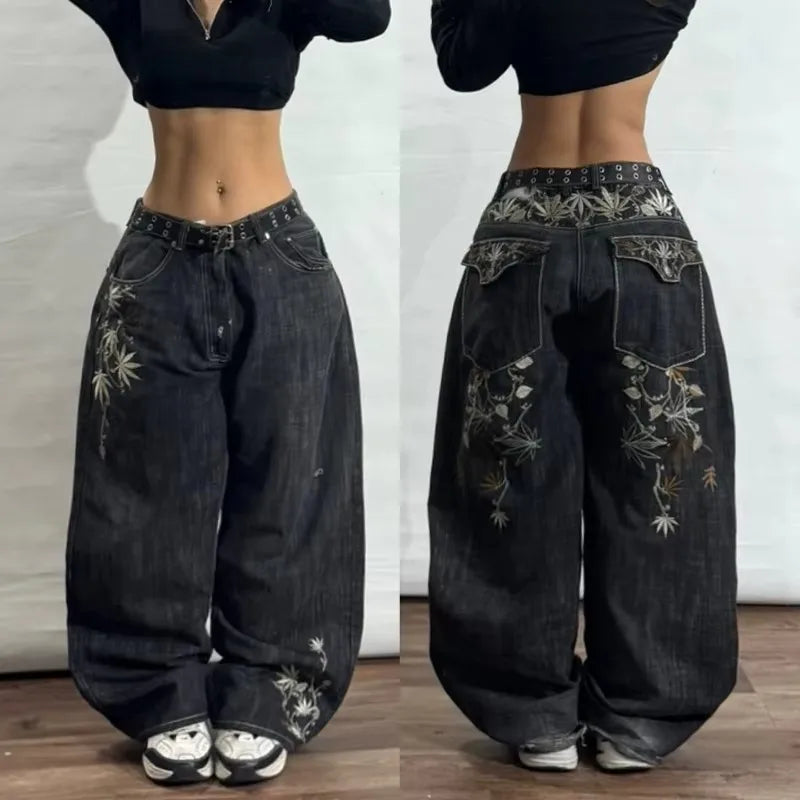 LuckeLadybug LLC women's y2k baggy jeans with floral embroidery and wide-leg design