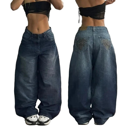 LuckeLadybug women's y2k baggy jeans in dark blue denim with a loose fit for trendy outfits