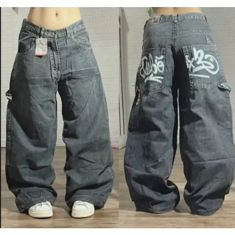 LuckeLadybug women's y2k baggy jeans with graffiti-style designs and a relaxed fit