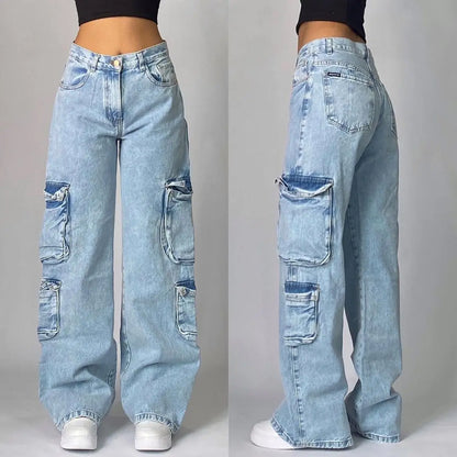Light Blue Women's Y2K Baggy Jeans with Cargo Pockets and Wide Leg Fit