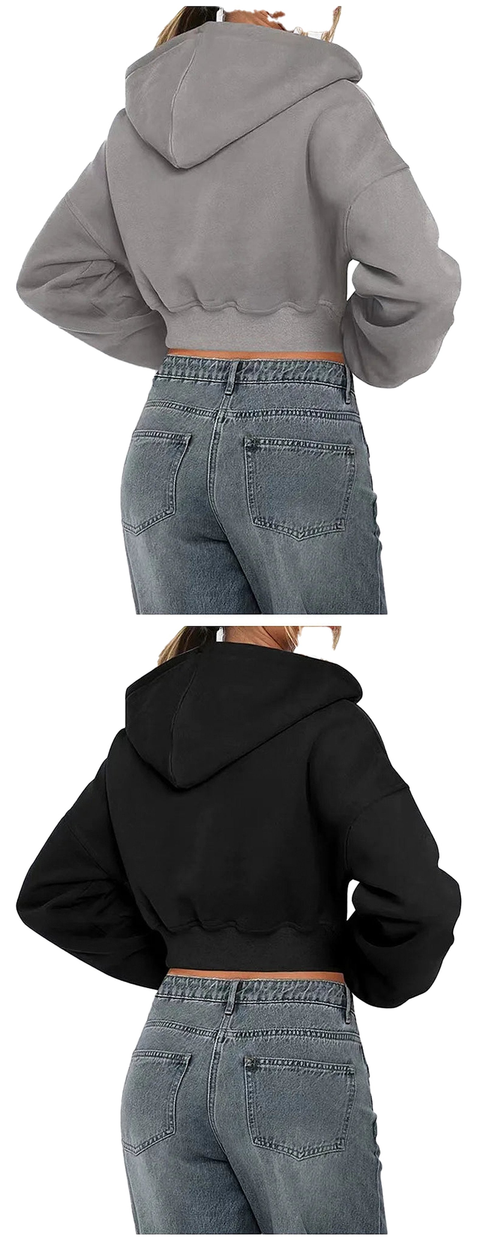 Women's zip hoodie oversized in gray and black, featuring a cropped design and relaxed fit