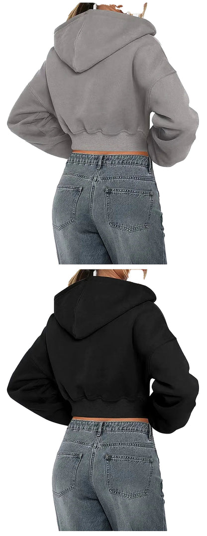 Women's zip hoodie oversized in gray and black, featuring a cropped design and relaxed fit