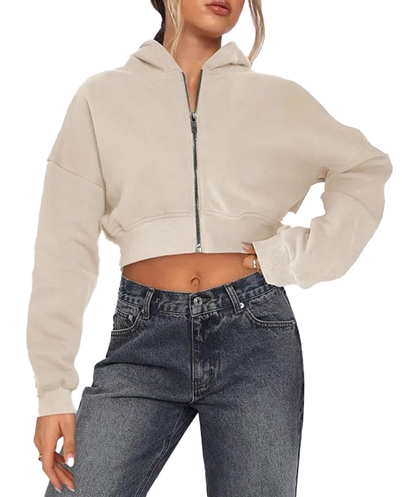 Women's zip hoodie oversized in beige with a cropped fit and front zipper for casual style