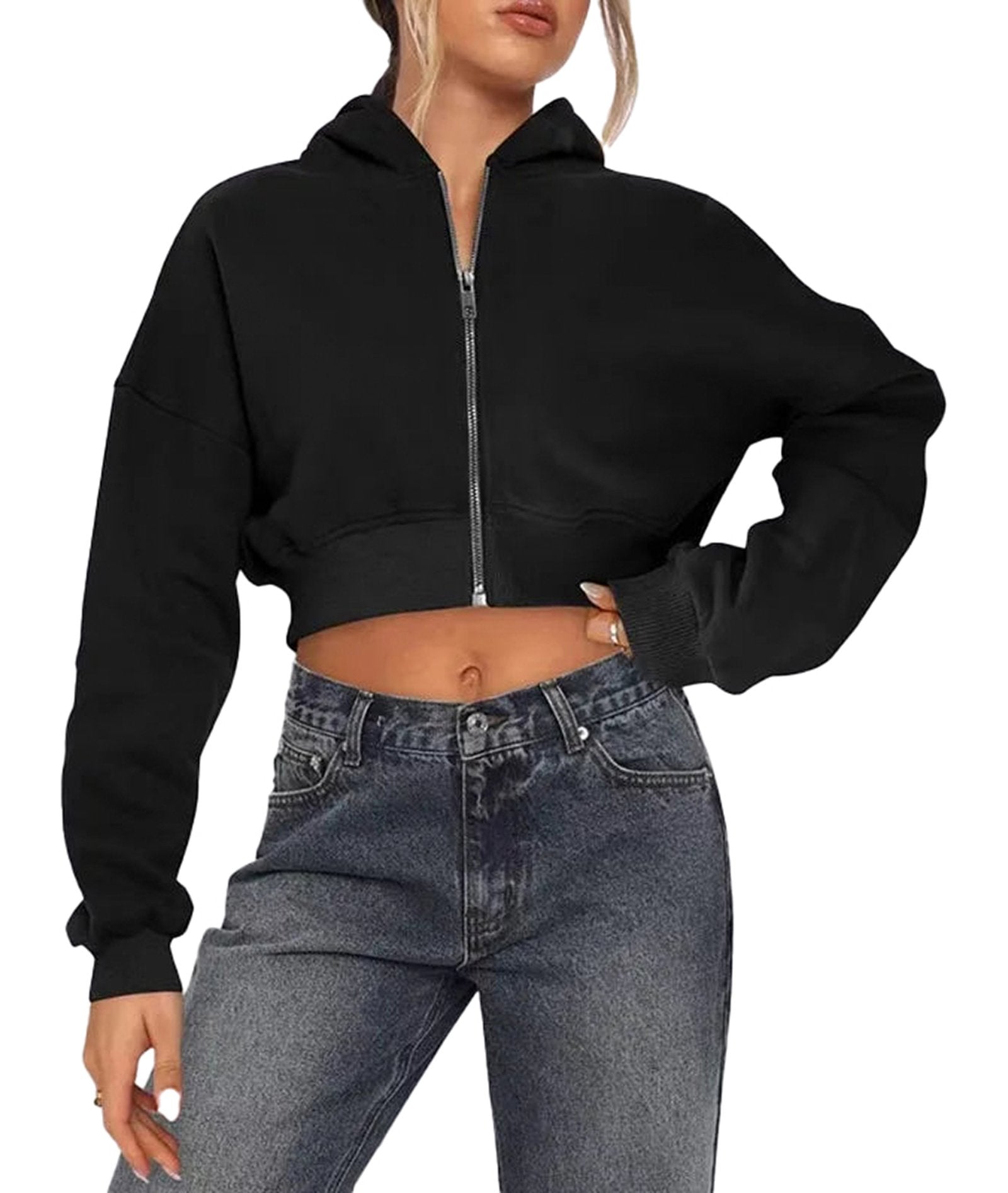 Women's zip hoodie oversized in black, stylish cropped design with comfortable fit