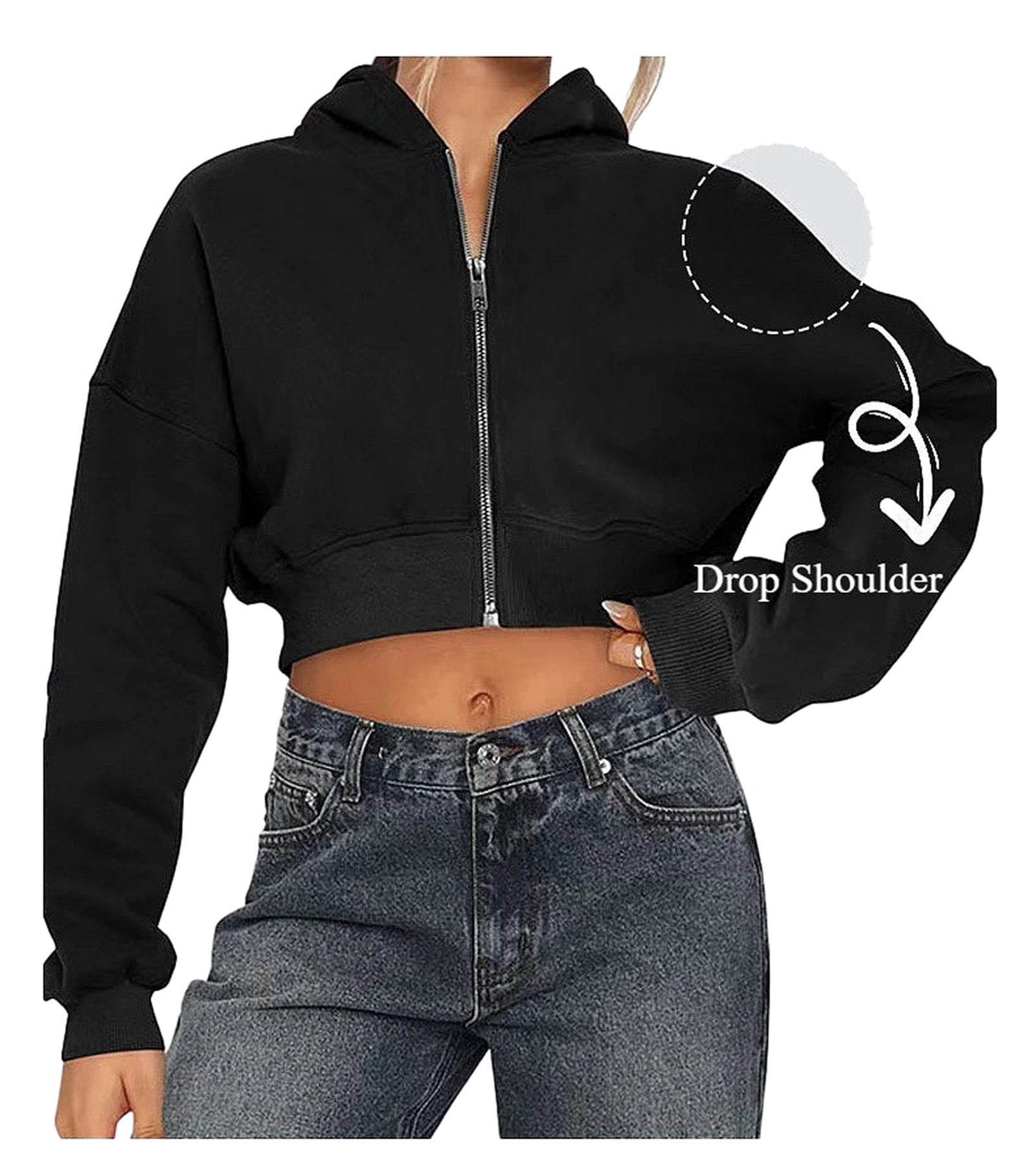 Women's zip hoodie oversized in black with drop shoulder design and cropped fit
