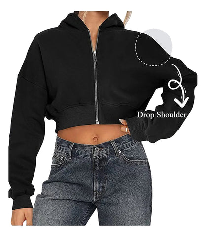 Women's zip hoodie oversized in black with drop shoulder design and cropped fit