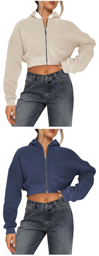 LuckeLadybug women's zip hoodie oversized in beige and navy colors with cropped design