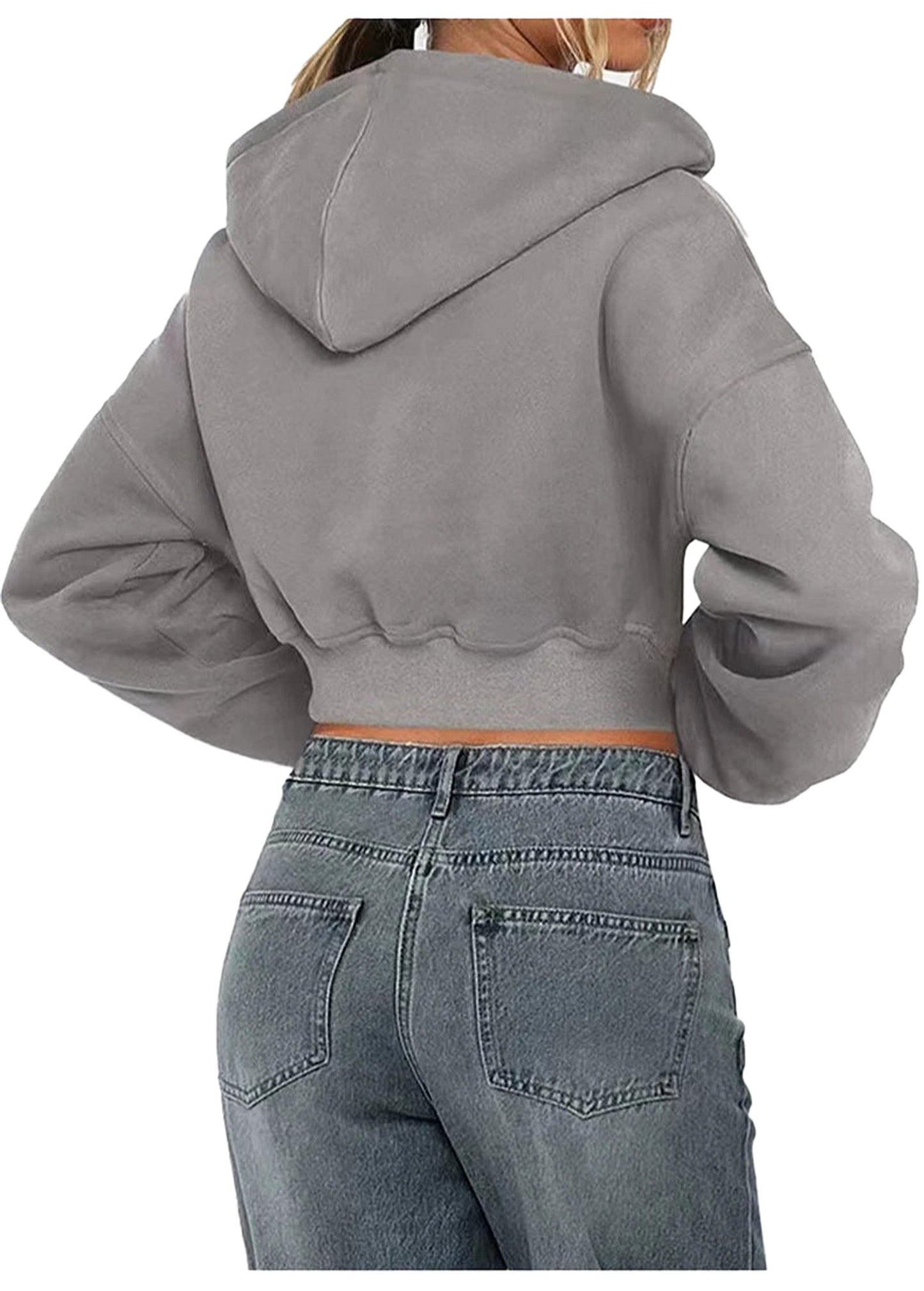 Trendy women's zip hoodie oversized in gray with a cropped fit and comfortable design.