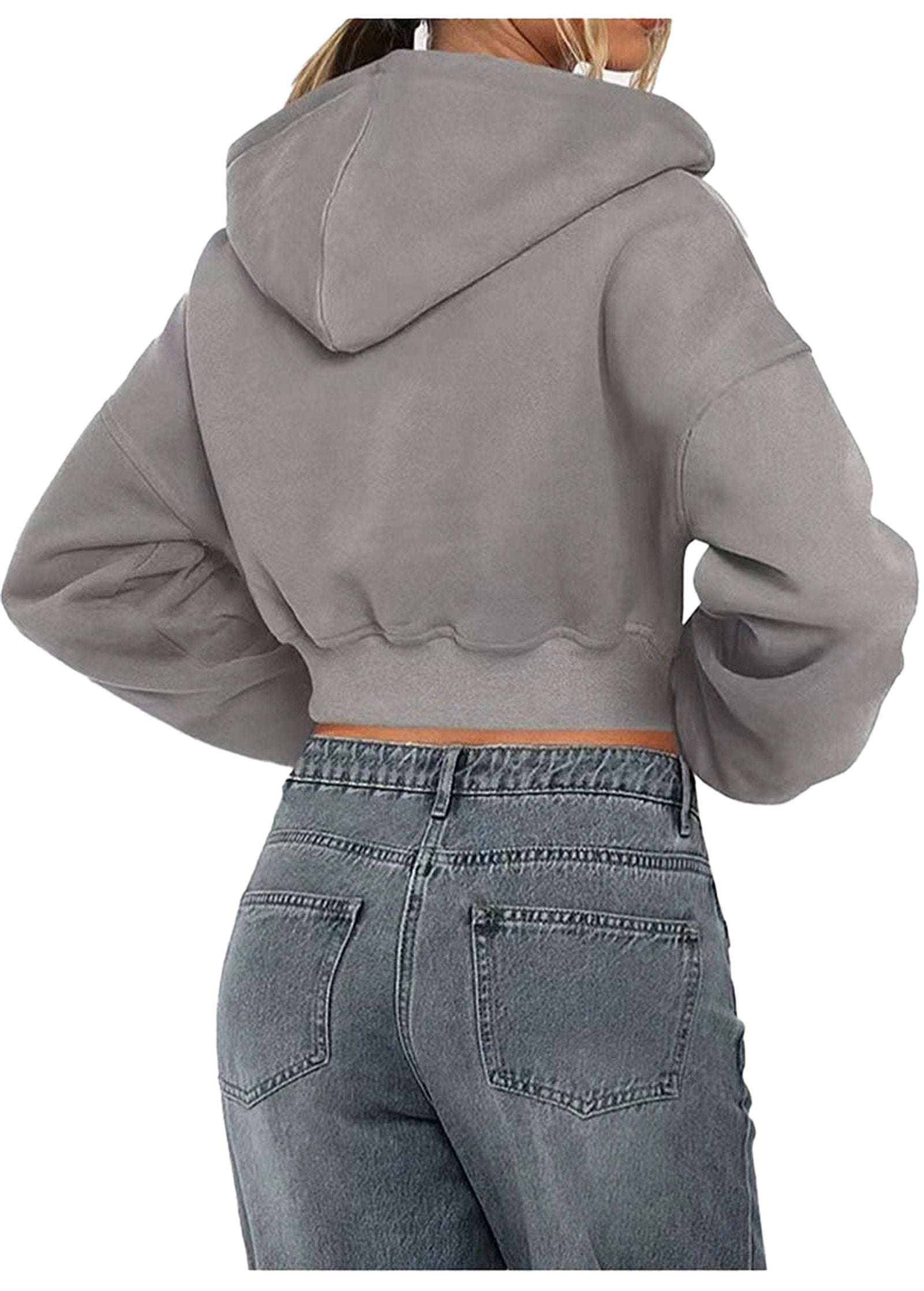 Trendy women's zip hoodie oversized in gray with a cropped fit and comfortable design.