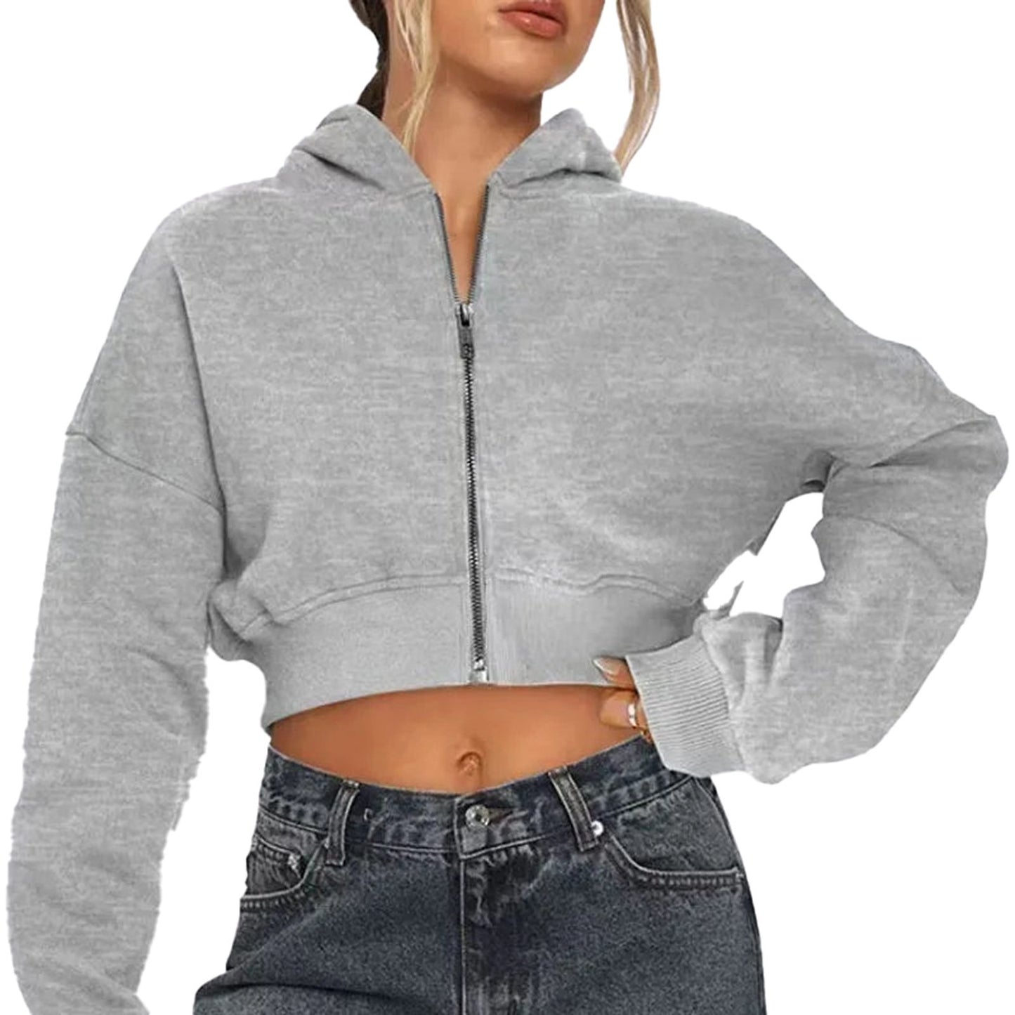 Women's zip hoodie oversized in gray with a cropped design and soft fabric by LuckeLadybug LLC