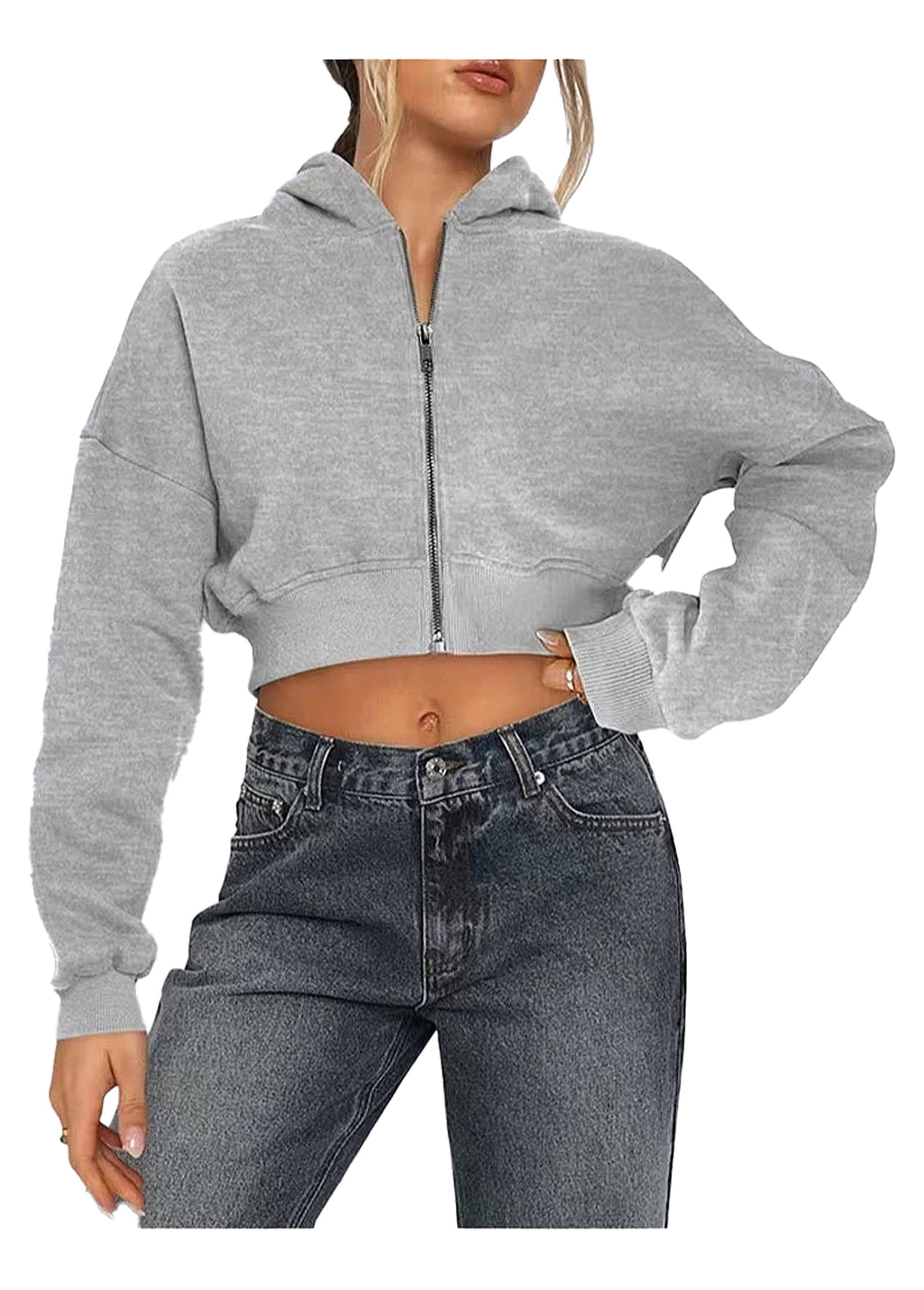 Gray women's zip hoodie oversized with a cropped fit and long sleeves for a stylish look