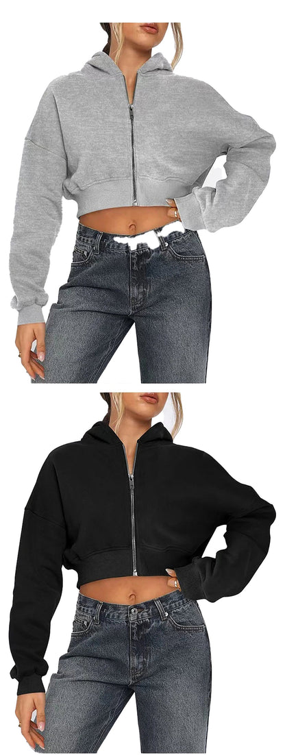 Women's zip hoodie oversized in gray and black, perfect for casual wear and layering