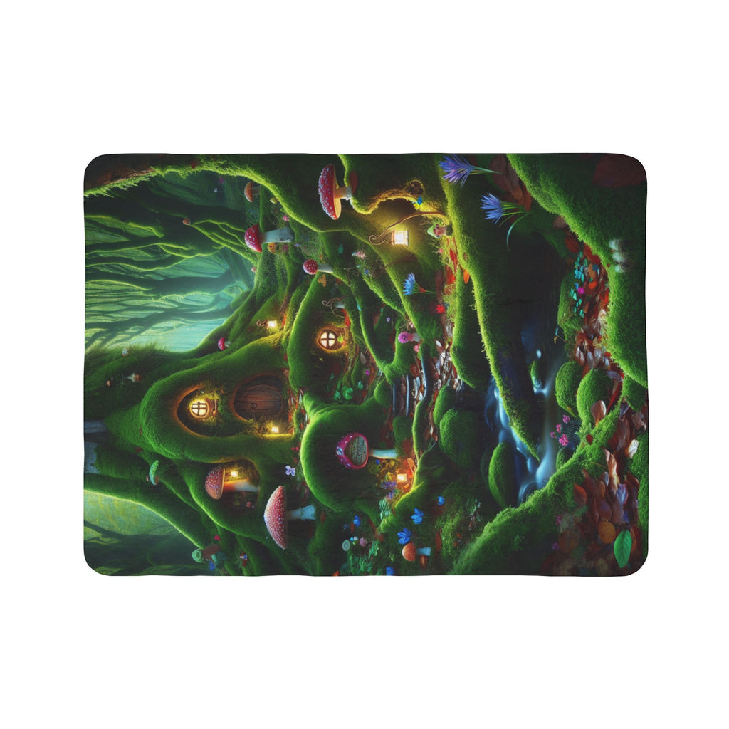 LuckeLadybug sherpa blanket with woodland fairy tale bedding design featuring glowing tree homes and mushrooms