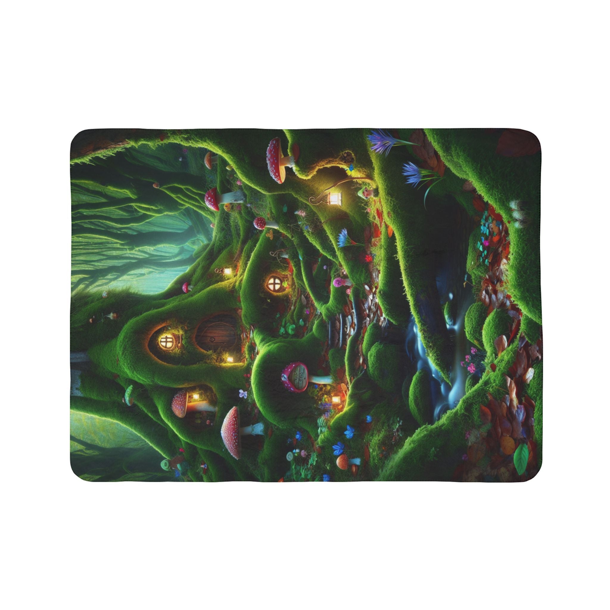 LuckeLadybug sherpa blanket with woodland fairy tale bedding design featuring glowing tree homes and mushrooms