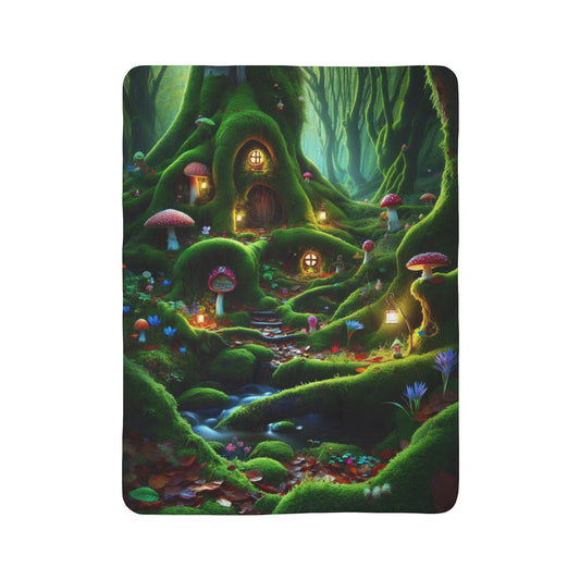 LuckeLadybug sherpa blanket featuring a woodland fairy tale bedding design with glowing mushroom houses and lush forest greenery