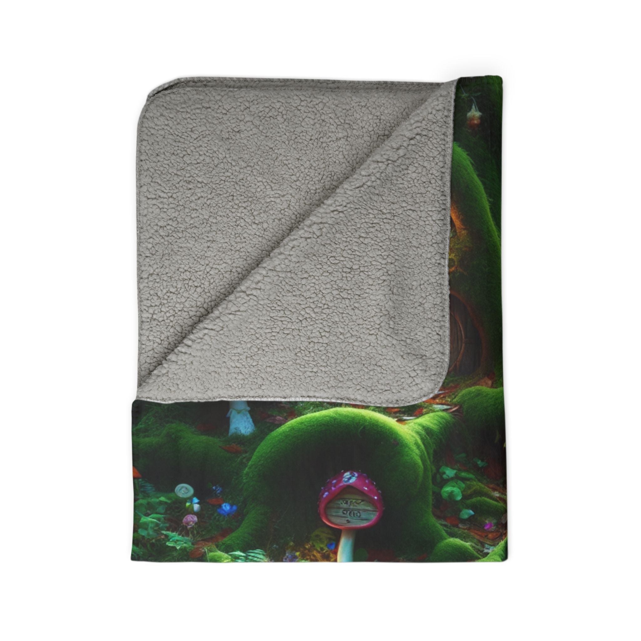 LuckeLadybug Sherpa Blanket featuring woodland fairy tale bedding design with mossy green forest elements