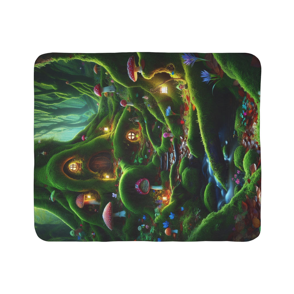 LuckeLadybug sherpa blanket with woodland fairy tale bedding design featuring a magical forest and fairy homes
