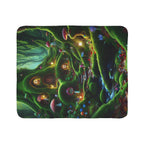 LuckeLadybug sherpa blanket with woodland fairy tale bedding design featuring a magical forest and fairy homes