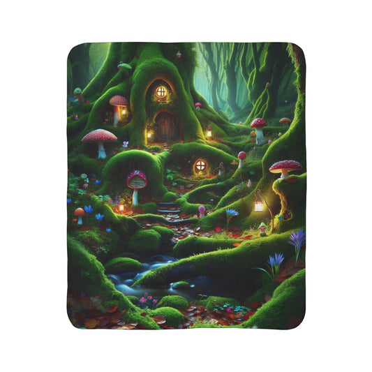 LuckeLadybug sherpa blanket with woodland fairy tale bedding design featuring a magical forest scene
