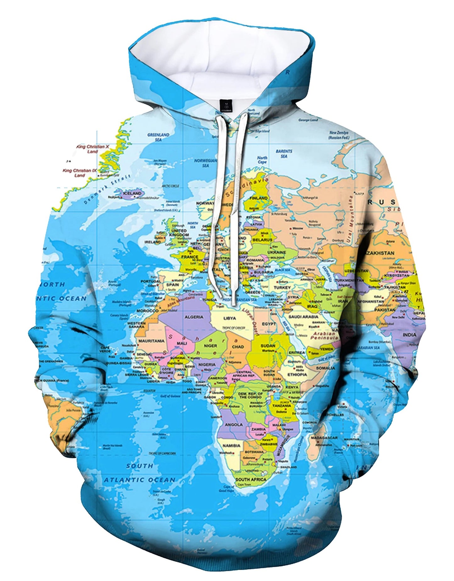 LuckeLadybug LLC World Map Hoodie featuring a colorful map design of continents and oceans