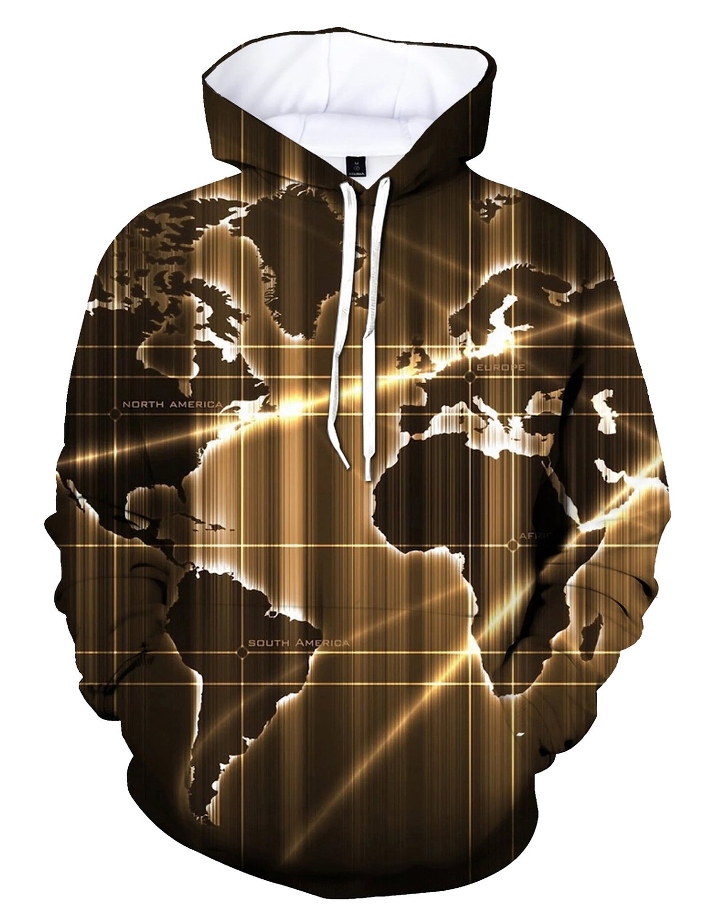 Stylish world map hoodie featuring a sleek design of a gold-toned map on a black background