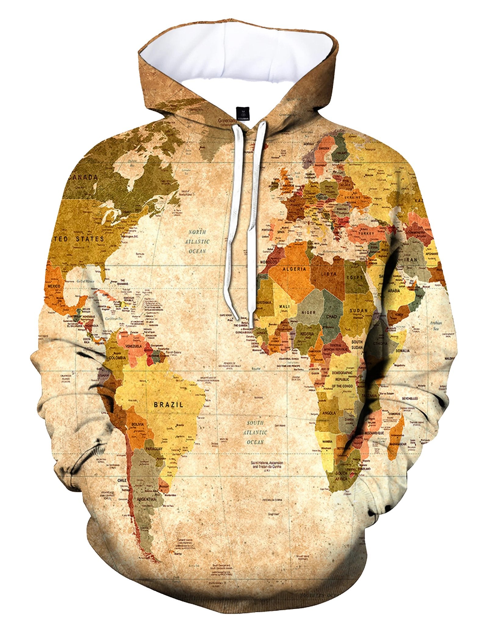 World map hoodie featuring a detailed vintage map design for a stylish and adventurous look