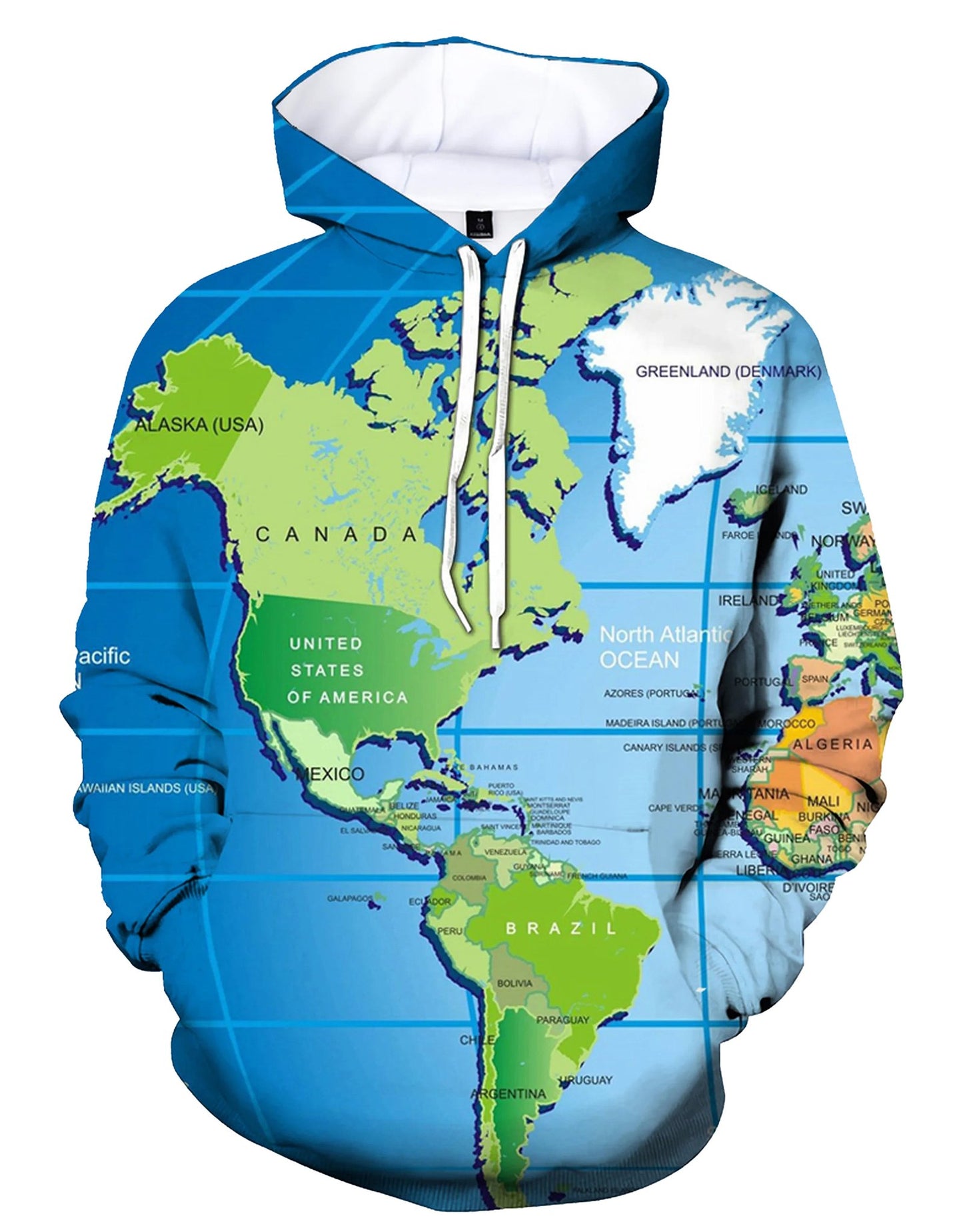 LuckeLadybug LLC World Map Hoodie featuring a colorful globe print for geography enthusiasts