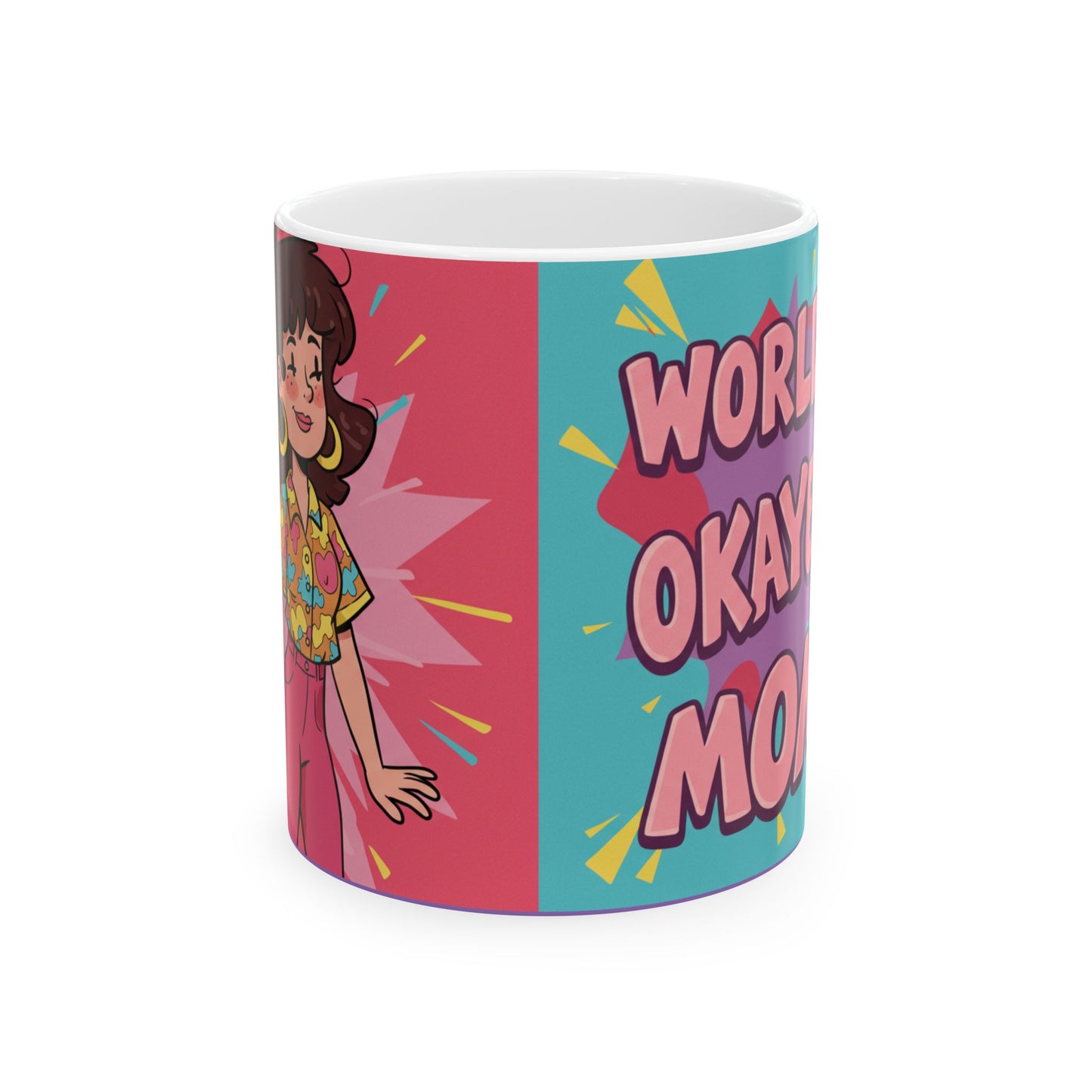 LuckeLadybug mug featuring colorful cartoon mom and bold text worlds okayest mom gift design