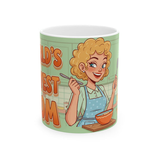 LuckeLadybug mug with cartoon woman cooking and worlds okayest mom gift text