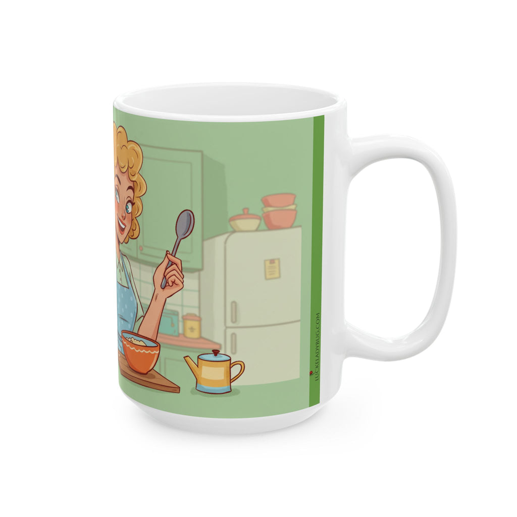 LuckeLadybug white ceramic mug with cartoon mom in kitchen design worlds okayest mom gift