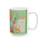 LuckeLadybug white ceramic mug with cartoon mom in kitchen design worlds okayest mom gift
