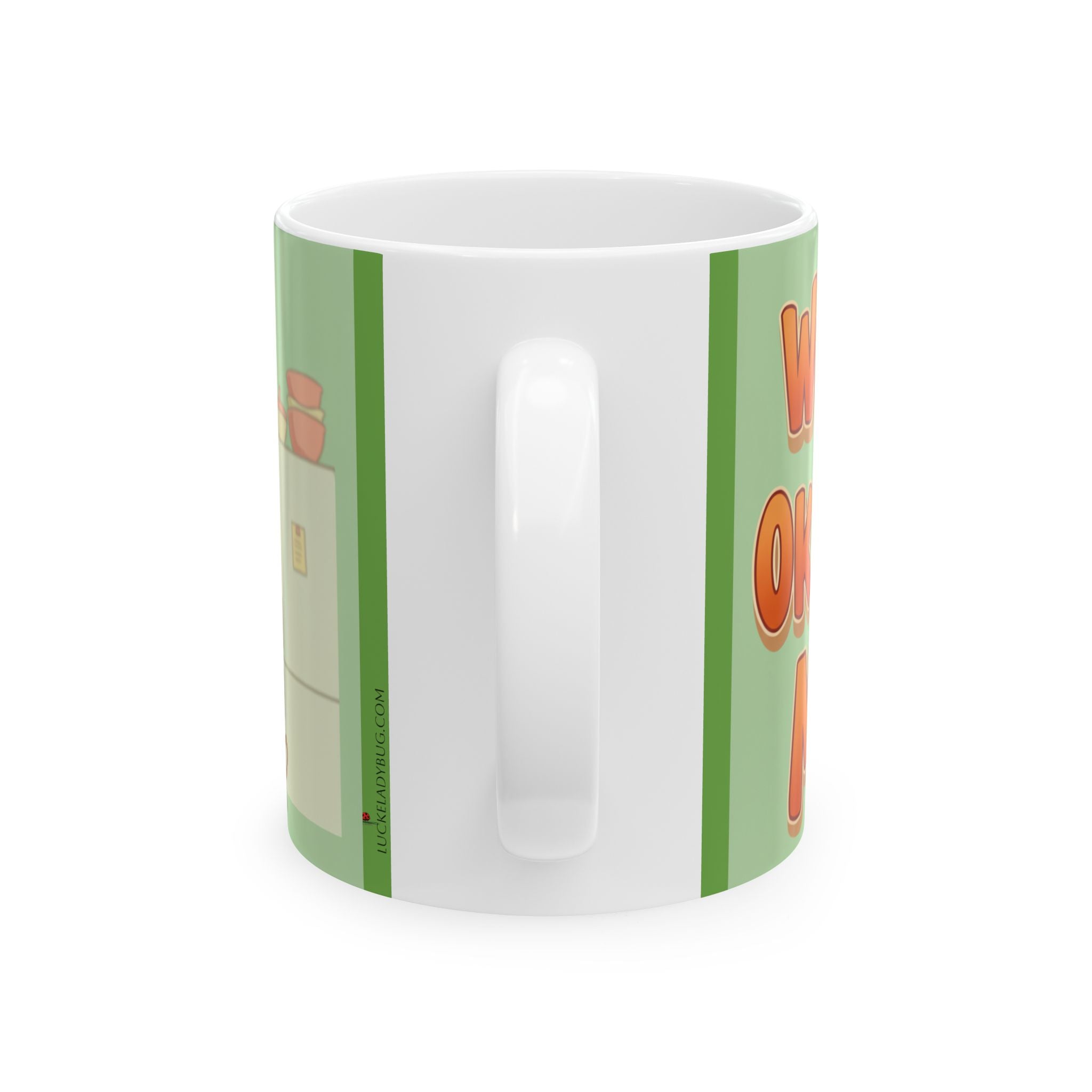 White ceramic mug with green background and worlds okayest mom gift text design