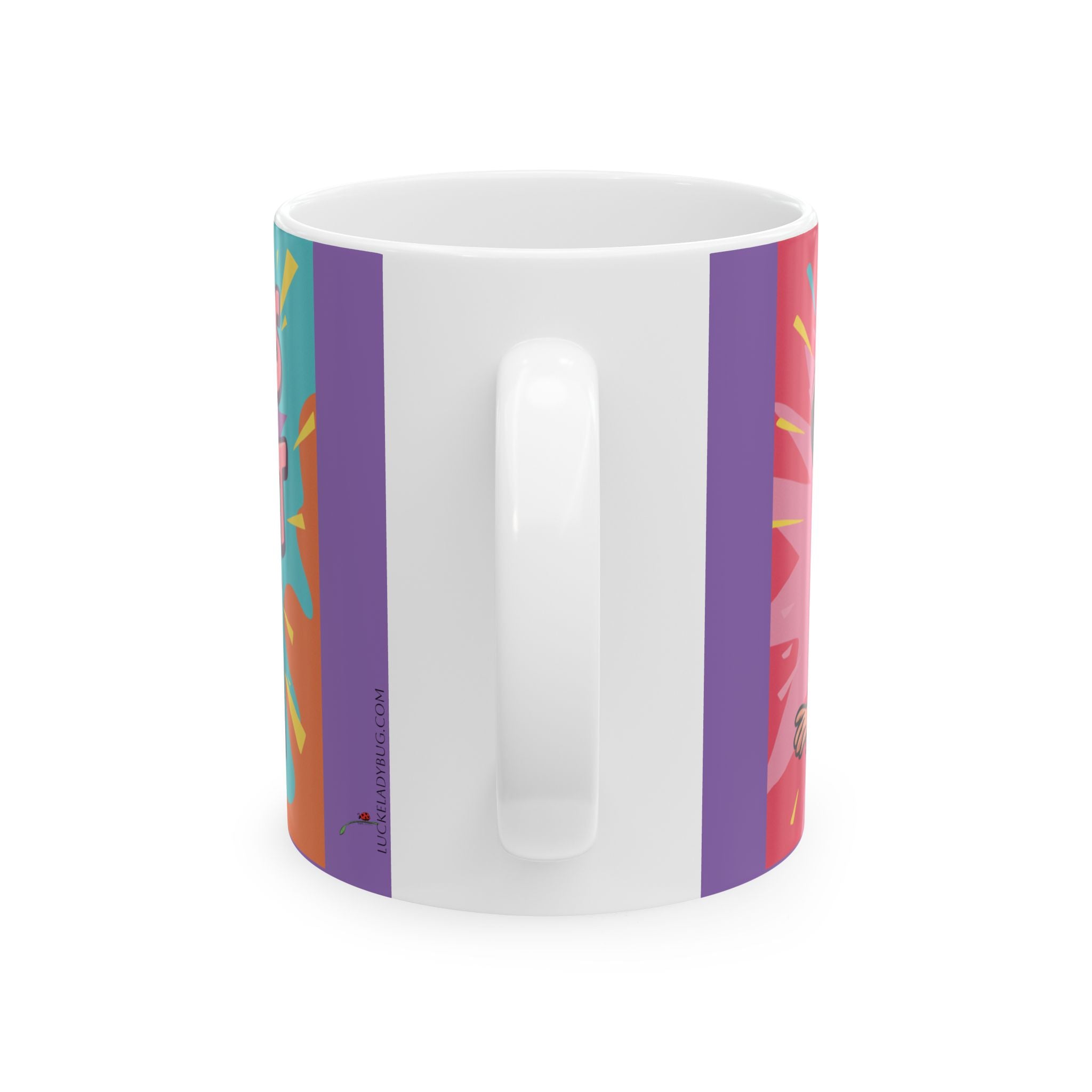 White ceramic mug with colorful design and humorous text perfect as a worlds okayest mom gift