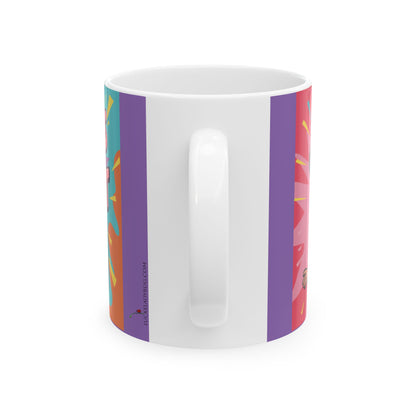 White ceramic mug with colorful design and humorous text perfect as a worlds okayest mom gift