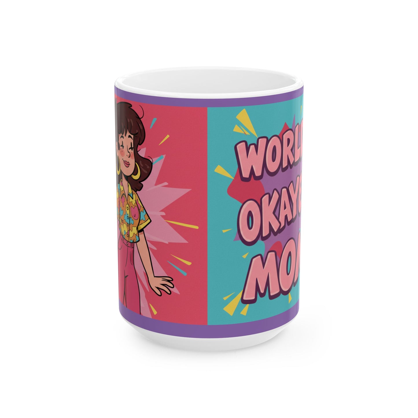 Colorful mug by LuckeLadybug with cartoon woman and worlds okayest mom gift text design