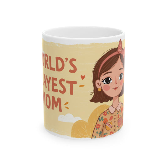 LuckeLadybug Worlds Okayest Mom mug with illustrated woman and beige background design