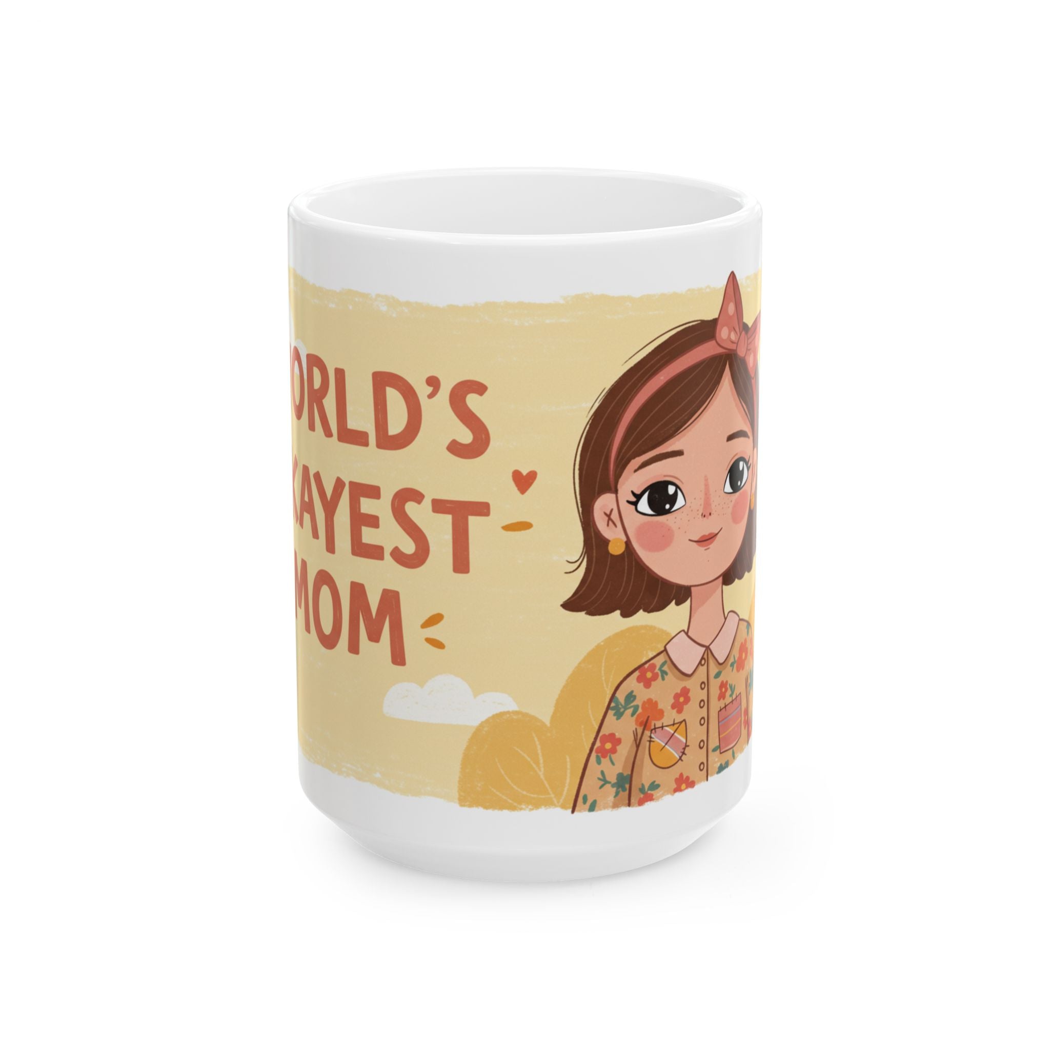 Worlds Okayest Mom mug featuring a cute illustrated woman with brown hair and floral shirt