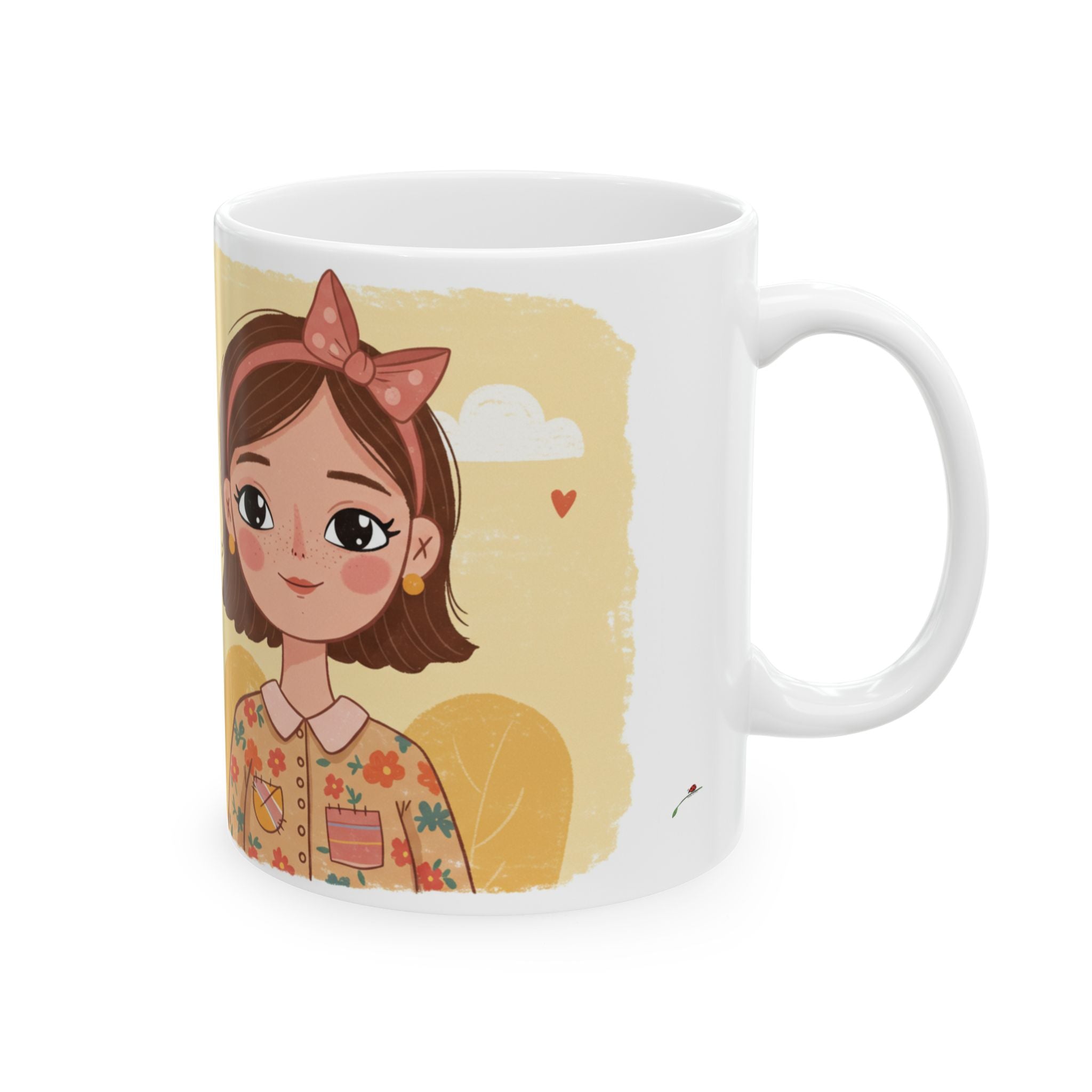 LuckeLadybug Worlds Okayest Mom mug featuring cartoon woman with floral shirt and headband