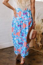 Sky Blue Floral Printed High Waist Split Wrap Long Skirt
